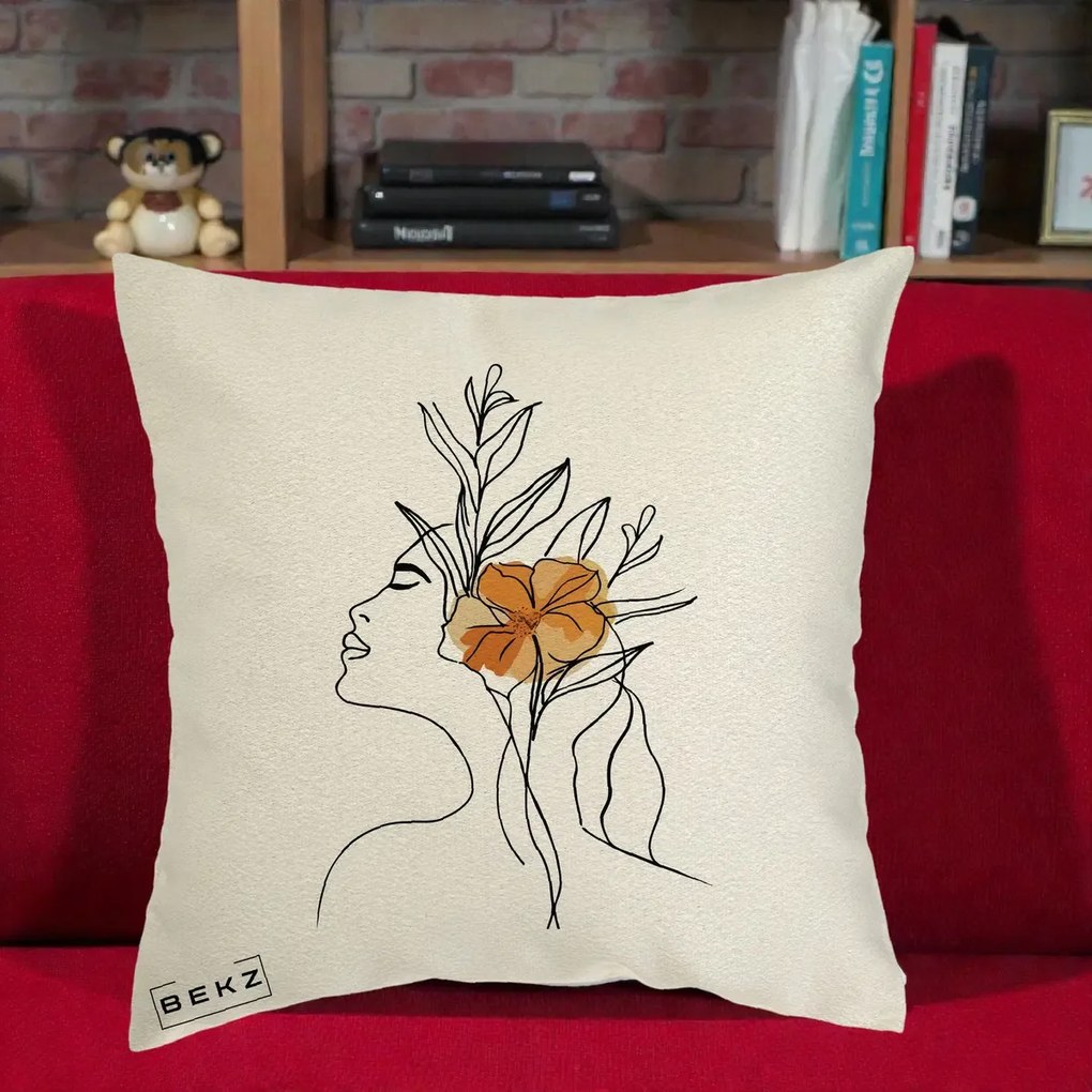 Perna Decorativa Portret Feminin Floare Portocalie Lateral, 40x40 cm, Ecru, Husa Detasabila, Perna Inclusa, BEKZ®