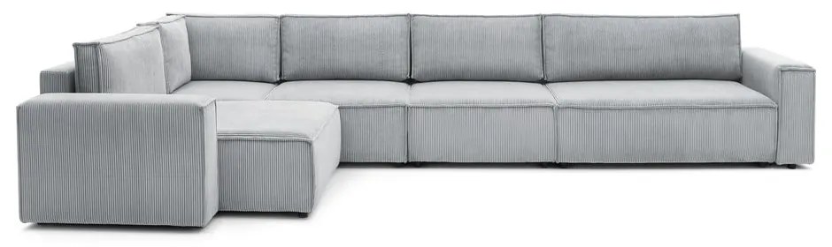 Colțar gri deschis cu tapițerie din catifea reiată (cu colț pe partea stângă ) Nihad modular – Bobochic Paris