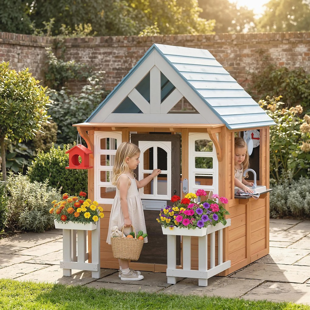 AIYAPLAY Căsuță de joacă exterioară din lemn, casă pentru copii interior/exterior cu ușă pentru animale, bucătărie de joacă, maro | Aosom Romania