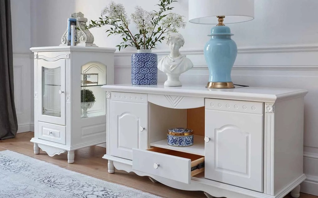 Comodă TV lemn masiv alb Elizabeth, 120 × 58 × 63 cm