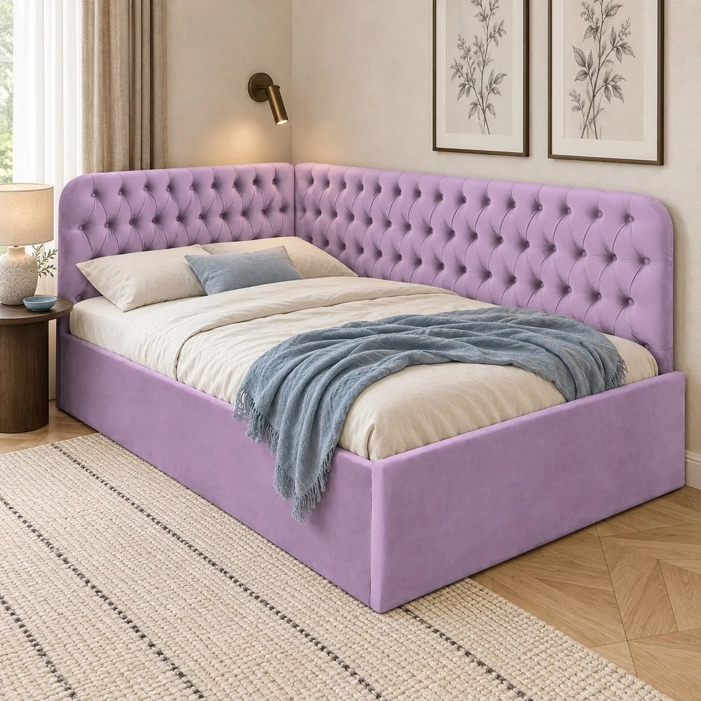 Pat tapițat pentru copii din catifea Elyra 140×200 cm, lila, colț dreapta, cu ladă de depozitare