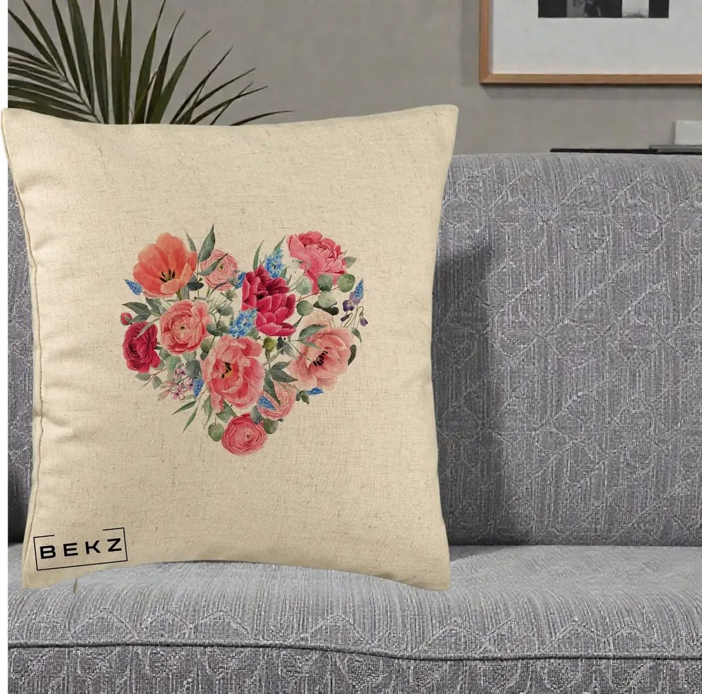 Perna Decorativa Inima din Bujori Acuarela, 40x40 cm, Bej, Husa Detasabila, Perna Inclusa, BEKZ®