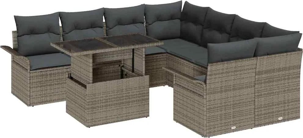 vidaXL Set de canapele pentru grădină cu pernă 9 pcs Gri Poli Rattan