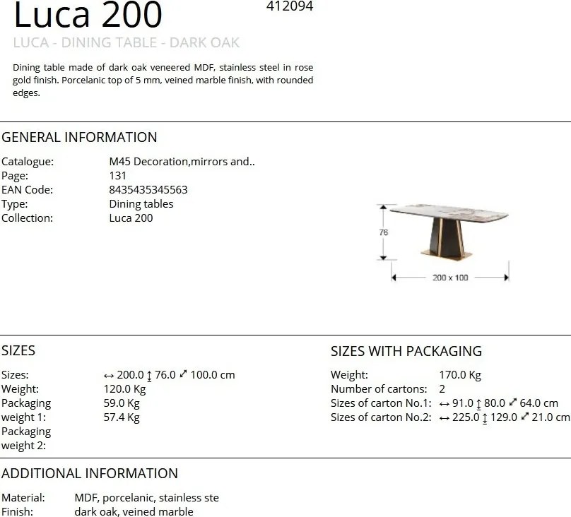 Masa dining design LUX Luca 200