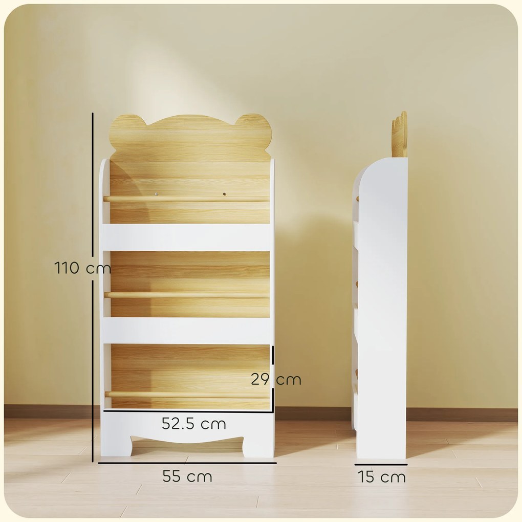 AIYAPLAY Bibliotecă pentru Copii cu 3 Rafturi în Formă de Ursuleț, cu Bariere Frontale, 55x15x110 cm, Culoare Lemn | Aosom Romania