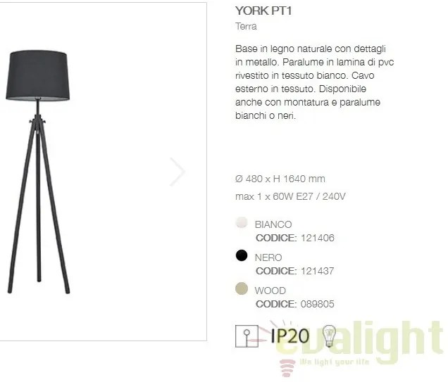 Lampadar, lampa de podea cu trepied YORK PT1 NERO 121437