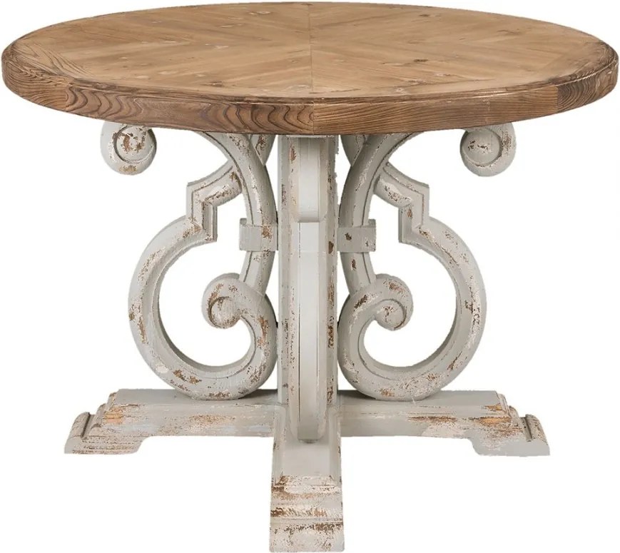 Masă dining rotundă din lemn, natur, 4–5 locuri, cu picior central în volute, finisaj antichizat, 85 x 120 cm, „Aimée”