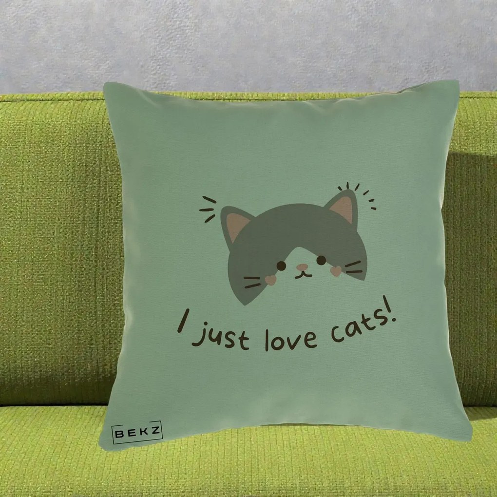 Perna Personalizata I Just Love Cats Pisica Kawaii, 40x40 cm, Verde, Husa Detasabila, Perna Inclusa, BEKZ®