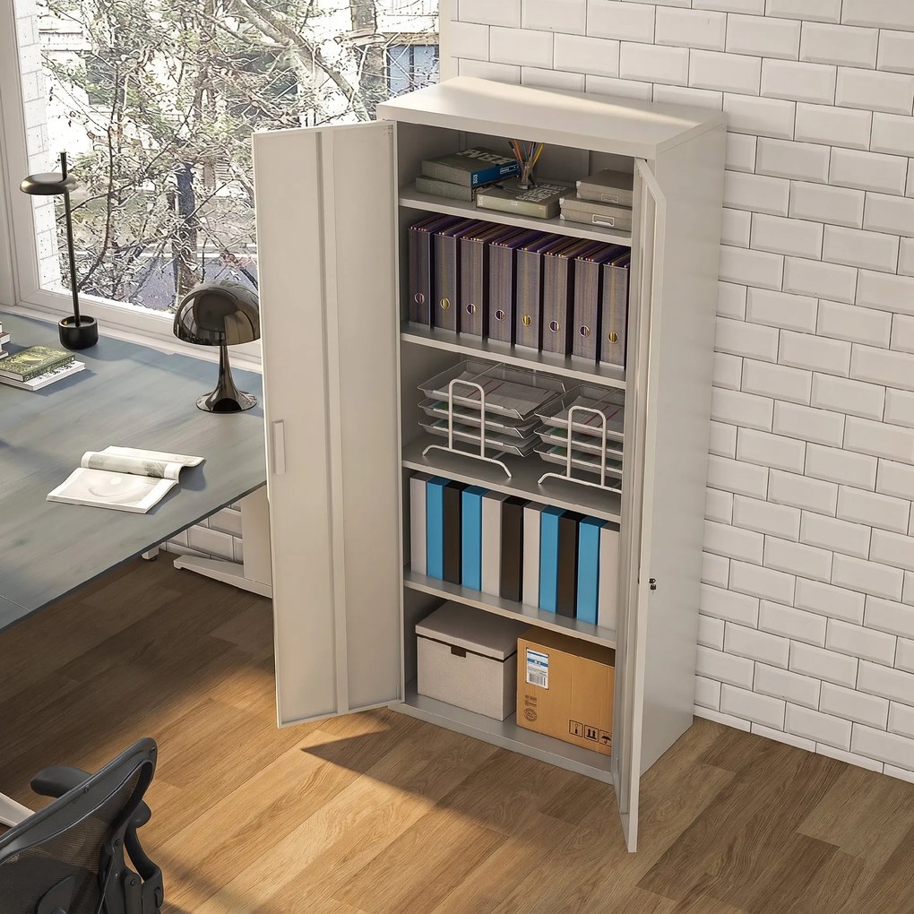 HOMCOM Dulap de Depozitare pentru Birou cu 5 Niveluri, Dulap Metalic cu 2 Uși și 4 Rafturi Reglabile, 80x40x180 cm, Alb