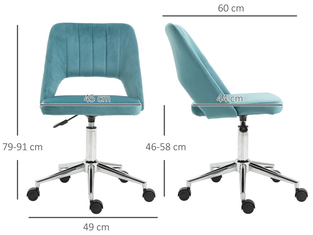 Vinsetto Scaun de birou ergonomic pivotant 360°, spate striat aerisit, înălțime reglabilă, tapițerie catifea, 49x60x91 cm, albastru | Aosom Romania