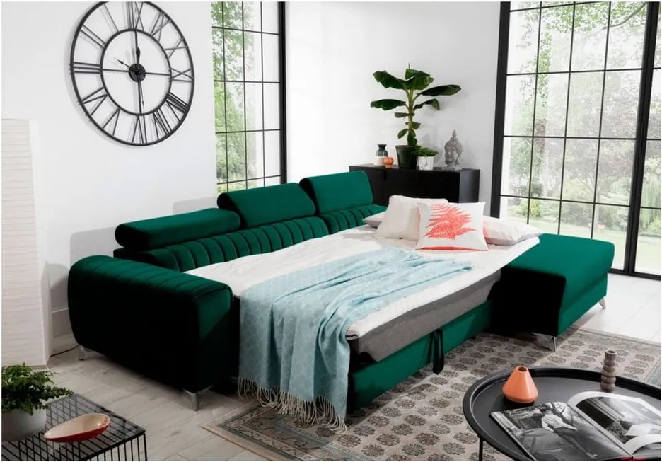 Colțar verde extensibil/cu spațiu de depozitare cu tapițerie din catifea (cu colț pe partea dreaptă/cu șezlong) Grayson – ELTAP