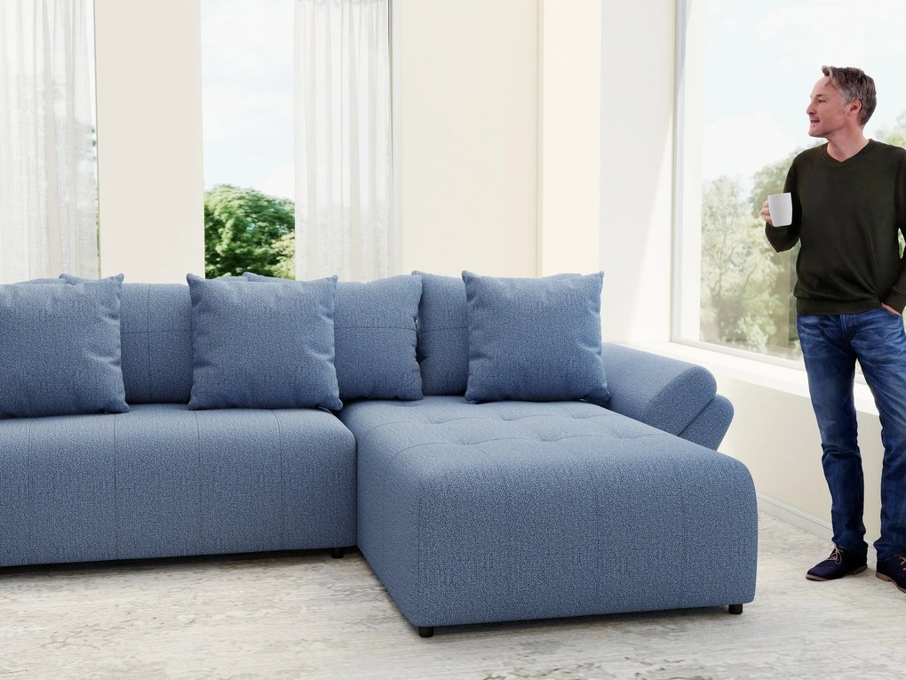 Colțar extensibil dumonde cu ladă de depozitare si sezut confortabil din spuma high-density, Berlin U Enjoy Blue 380x180 cm