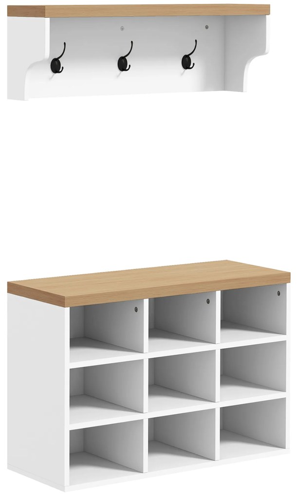 HOMCOM Set mobilier pentru hol 2-în-1 cuier de perete băncuță pentru încălțăminte 3 cârlige și 9 nișe 75x30x50cm alb și stejar | Aosom Romania