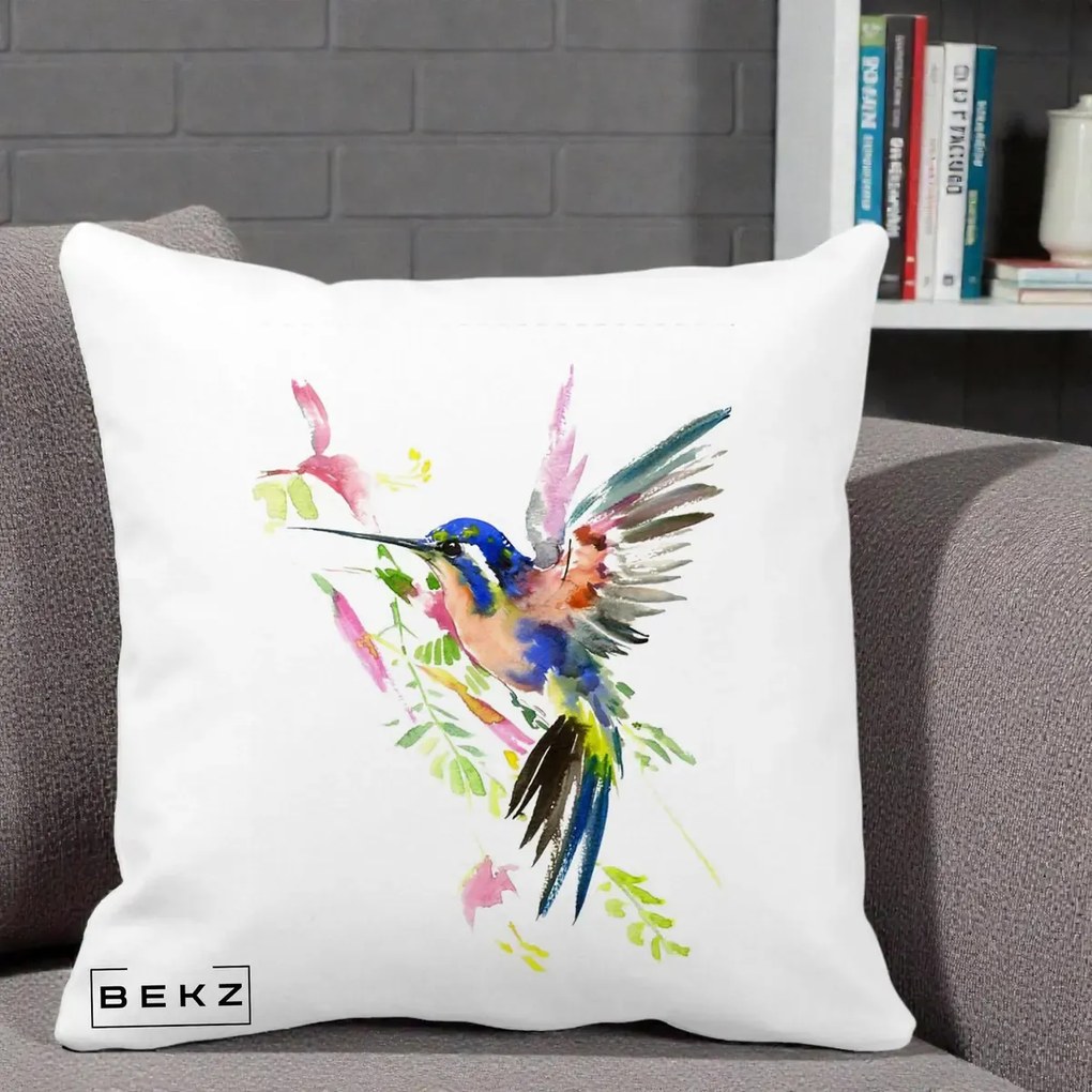 Perna Decorativa Colibri Acuarela, 40x40 cm, Alba Mata, Husa Detasabila, Perna Inclusa, BEKZ®