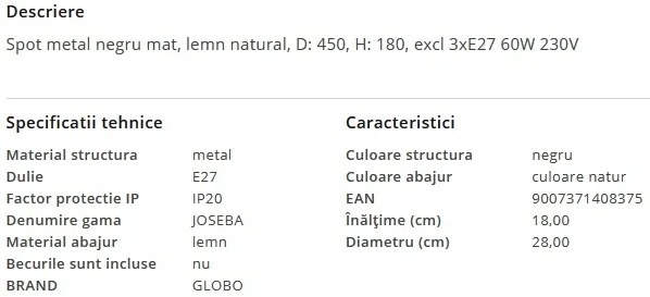 Plafoniera cu 3 spoturi lemn directionabile JOSEBA