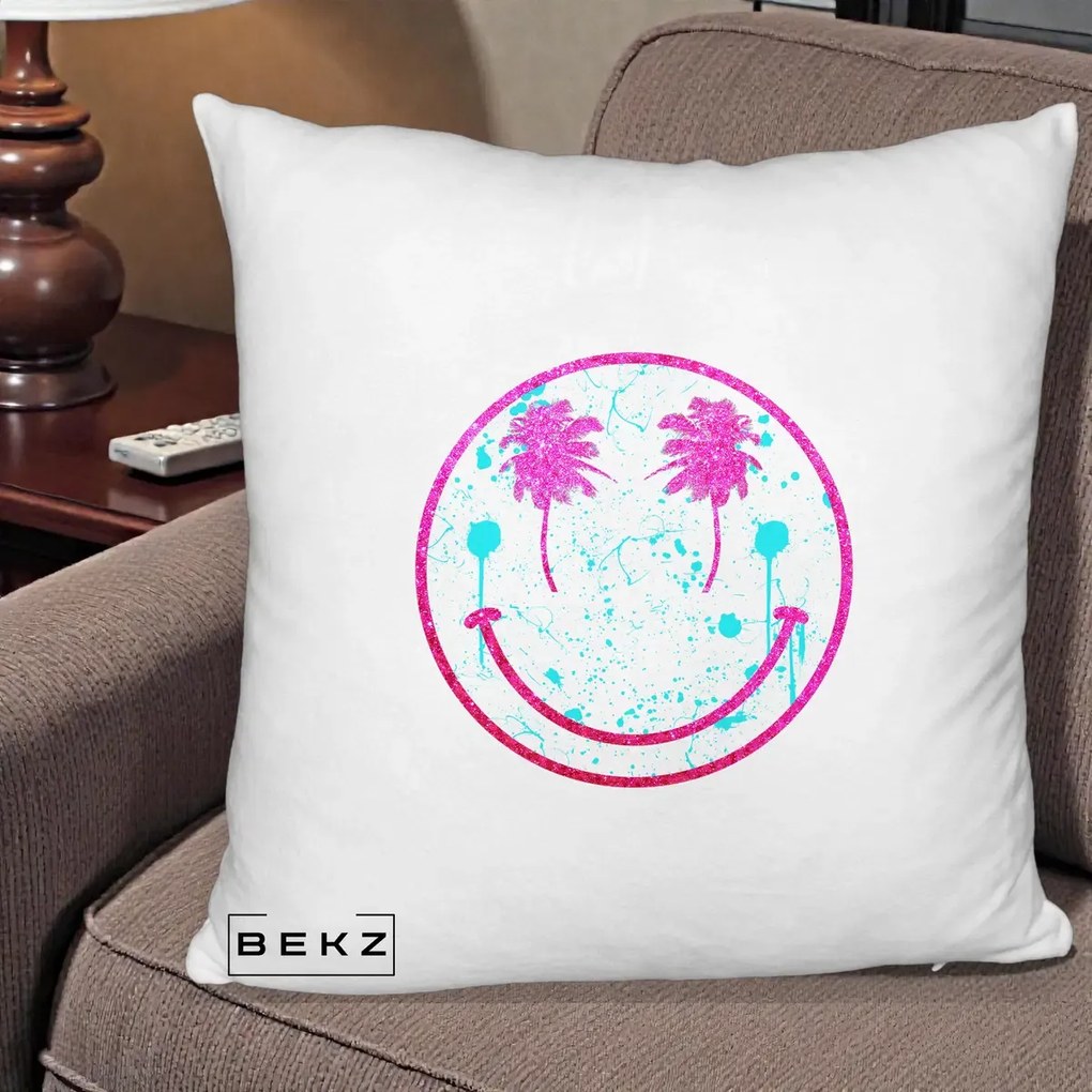 Perna Decorativa Smiley Face Tropical Glitter Roz, 40x40 cm, Alb Pufos, Husa Detasabila, Perna Inclusa, BEKZ®