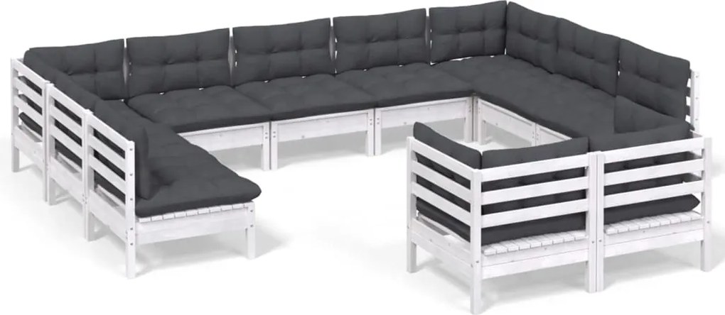vidaXL Set mobilier grădină cu perne, 11 piese, alb, lemn masiv de pin