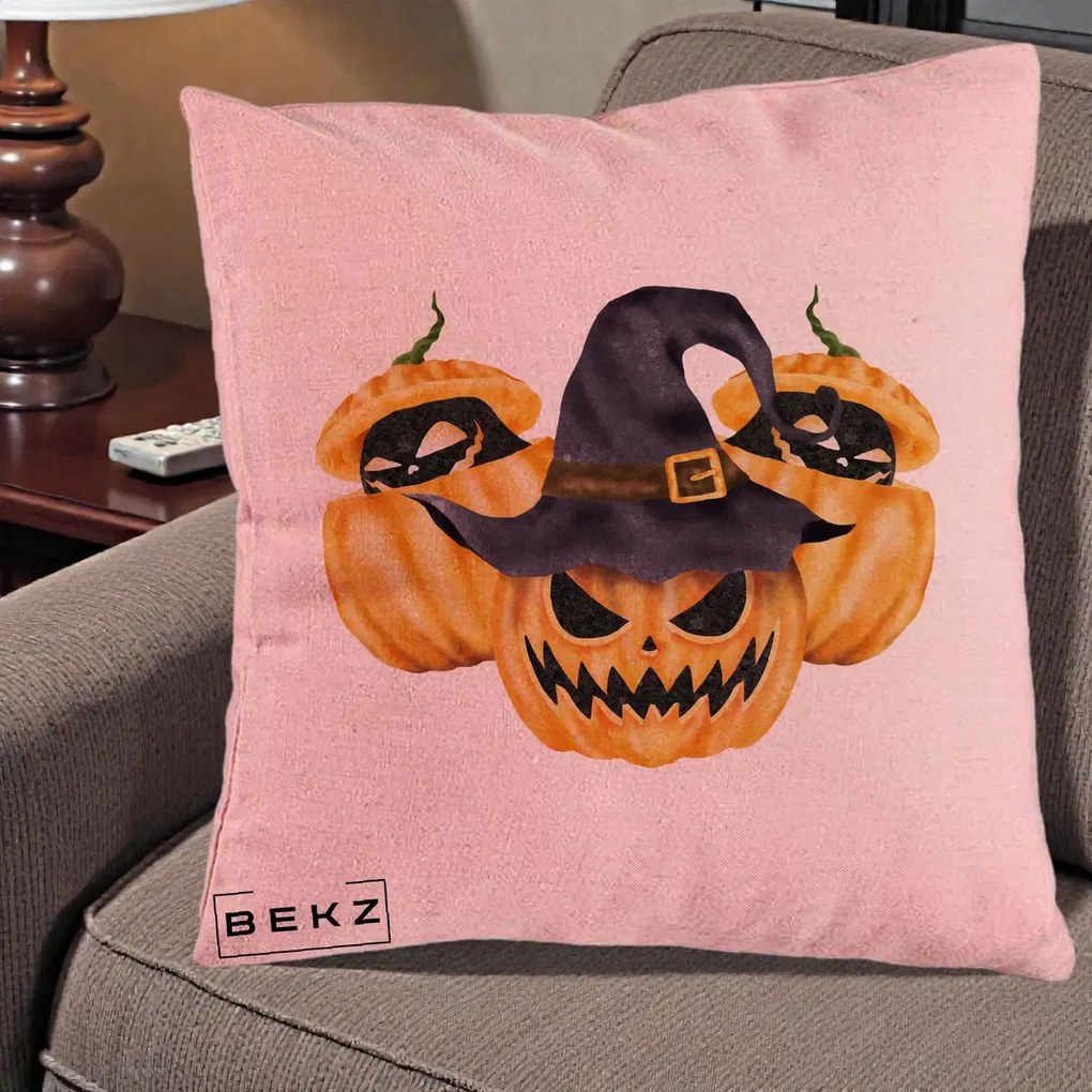 Perna Decorativa Trio Dovleci Jack-o-Lantern cu Palarie Vrajitoare, 40x40 cm, Roz, Husa Detasabila, Perna Inclusa, BEKZ®