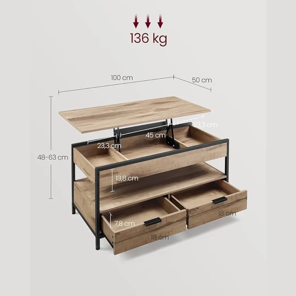 Masă de cafea reglabilă pe înălțime GASPAR, 50x100x(48-63)cm, camel maro/negru Vasagle