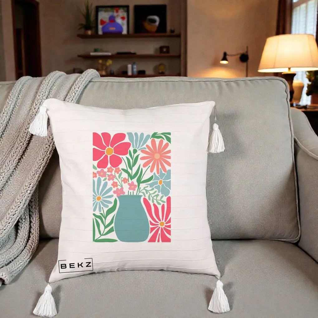 Perna Decorativa Flori in Vaza Turcoaz, 40x40 cm, Bej cu Franjuri, Husa Detasabila, Perna Inclusa, BEKZ®