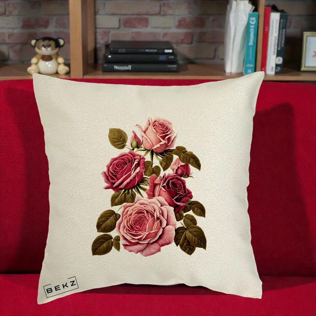 Perna Decorativa Trandafiri Vintage Roz-Rosii, 40x40 cm, Ecru, Husa Detasabila, Perna Inclusa, BEKZ®
