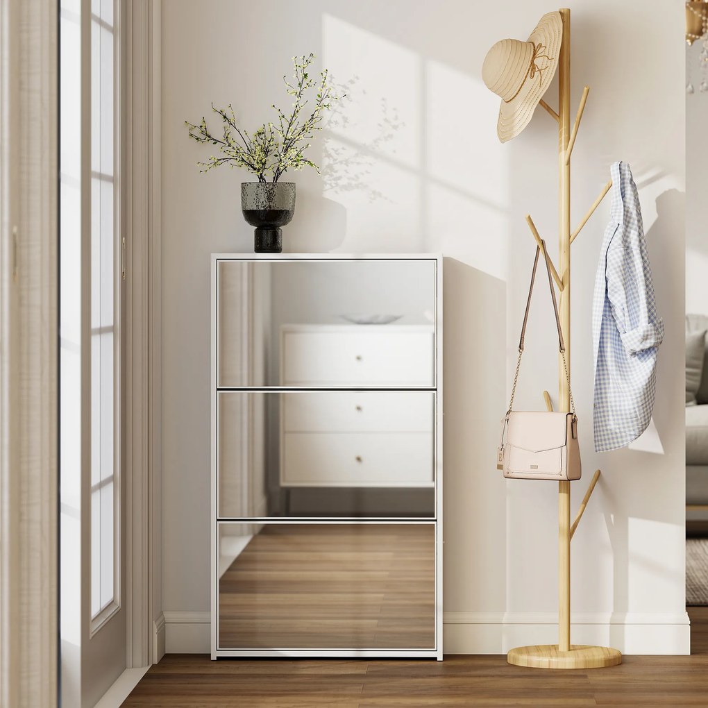 HOMCOM Dulap de Pantofi cu Oglindă și 3 Sertare Rabatabile 65x17x114.5 cm Alb | Aosom Romania