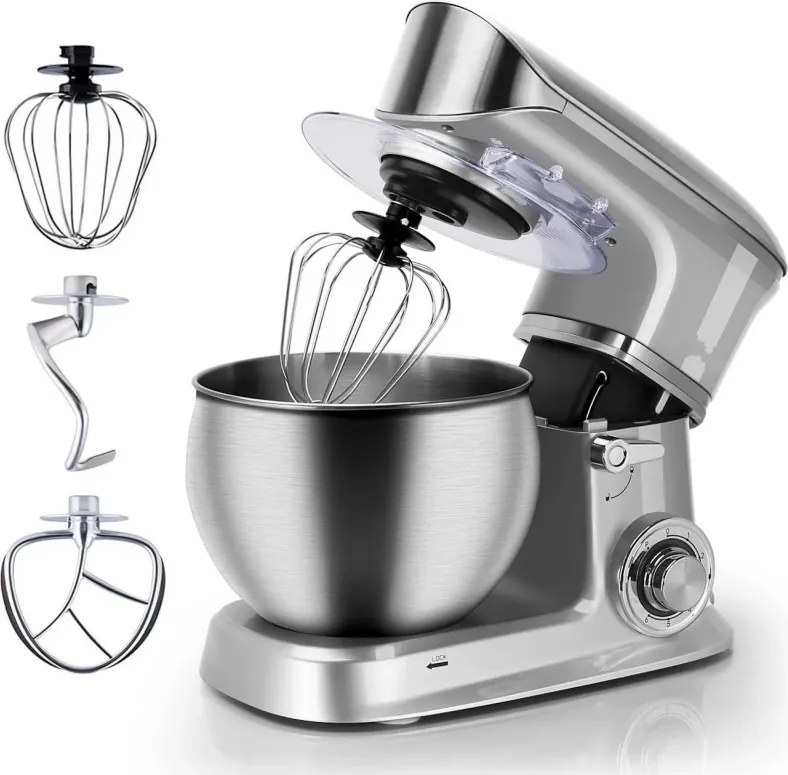 Mixer planetar Royalty Line RL-PKM1900.7, 1900W, Cupa inox 6.5 L, 6 viteze + Pulse, Accesorii, Argintiu