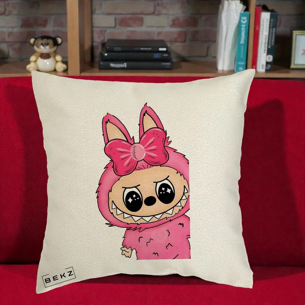 Perna Personalizata Labubu Roz cu Funda, 40x40 cm, Ecru, Husa Detasabila, Perna Inclusa, BEKZ®