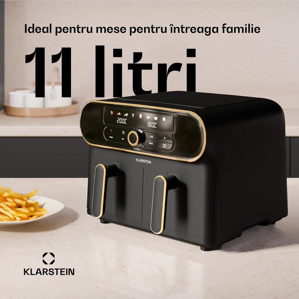 Klarstein Friteuză cu aer cald AuraAir Color Touch, 2 camere, 11 l, 1700 W, 80 - 200 °C, 8 programe