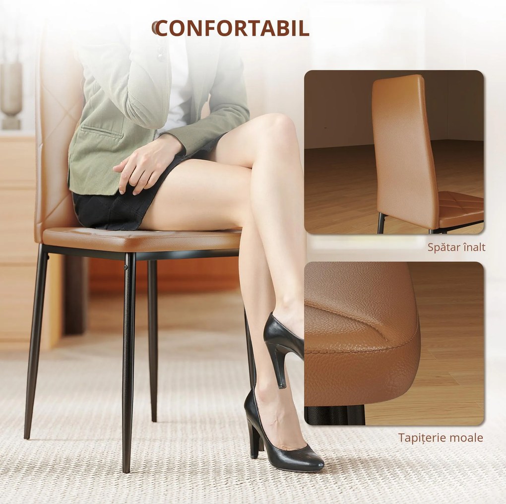HOMCOM Set de 4 scaune de sufragerie cu spatar inalt, 41x50x97cm, maro | Aosom Romania