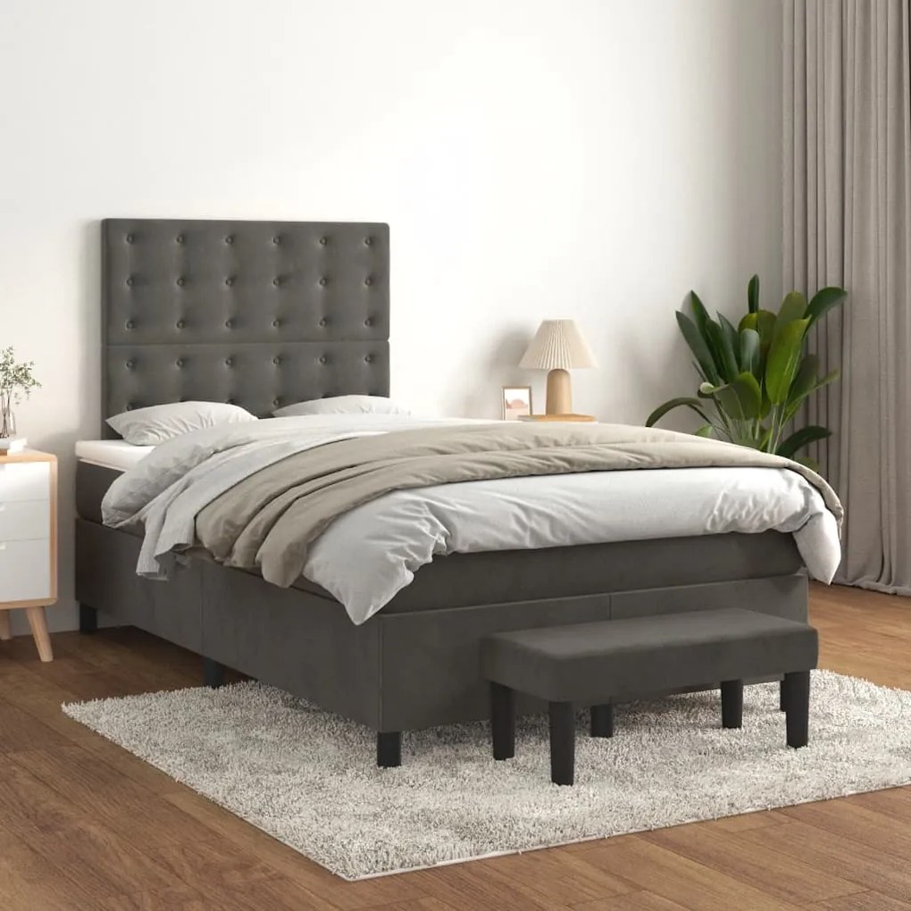 vidaXL Pat box spring cu saltea, gri închis, 120x200 cm, catifea