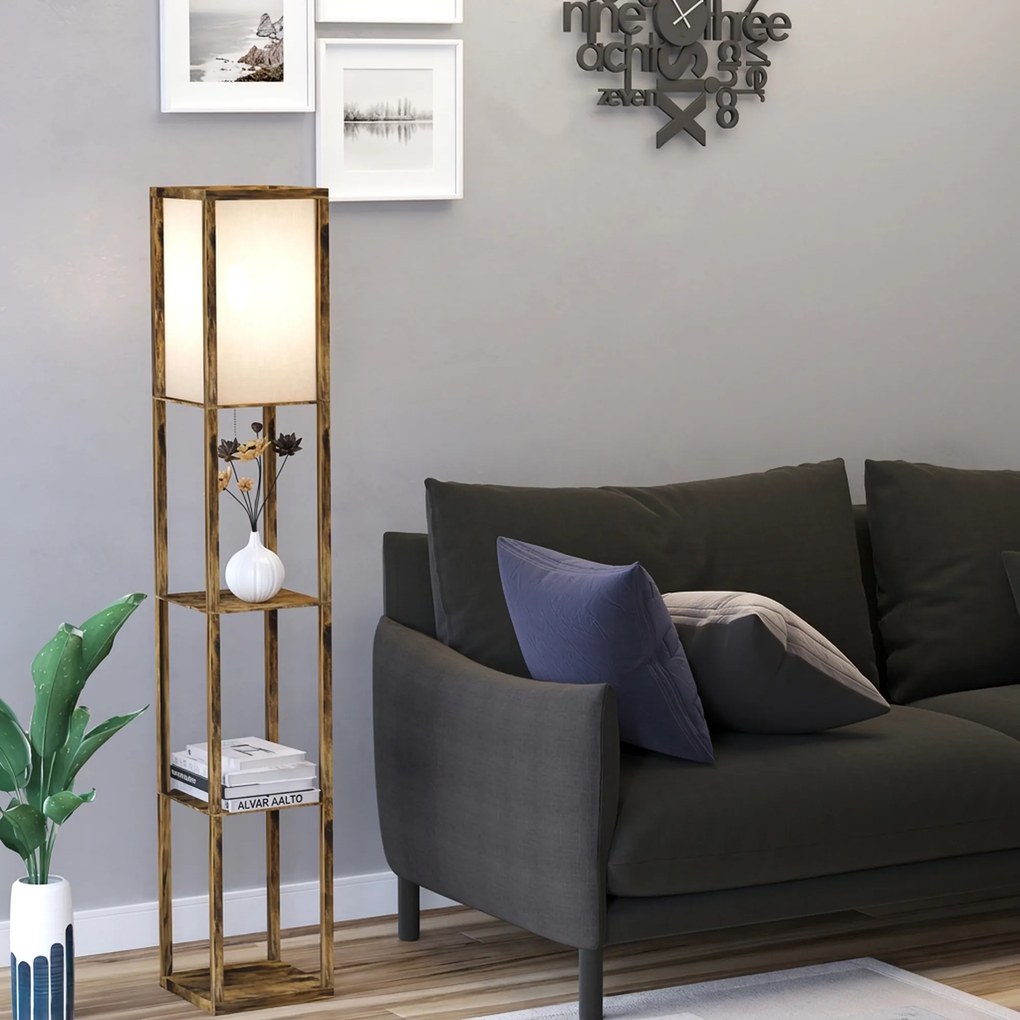HOMCOM Lampă de Podea cu 3 Rafturi Integrate, Design Modern din MDF, 26x26x160 cm, Lemn Natural | Aosom Romania