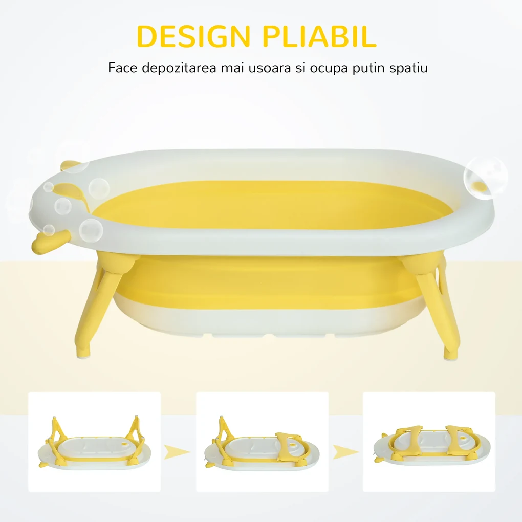 HOMCOM Cadă Pliabilă pentru Bebeluși 0-3 Ani, cu Indicator de Temperatură și Pernuță, Alb, 81.5x50.5x23.5 cm, Design Ergonomic | Aosom Romania