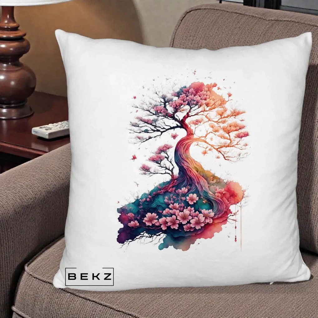 Perna Decorativa Copac Sakura Acuarela Fantasy, 40x40 cm, Alb Pufos, Husa Detasabila, Perna Inclusa, BEKZ®