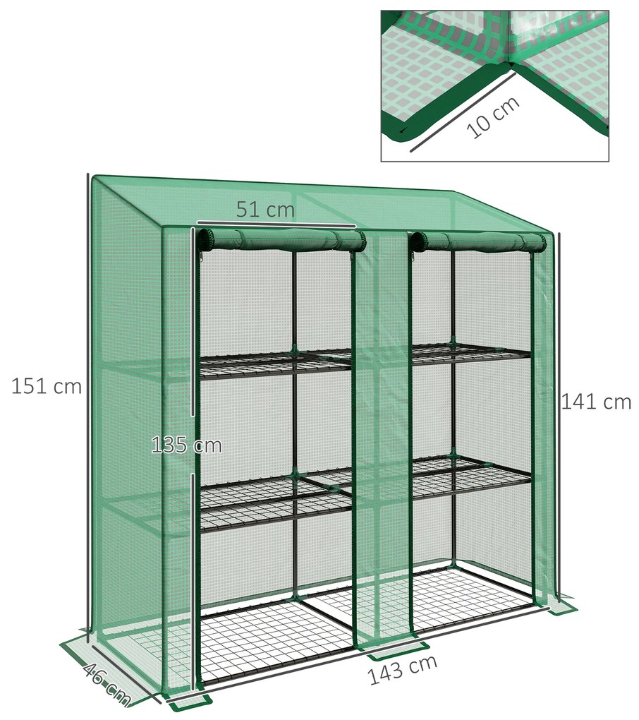 Outsunny Seră de Grădină cu Copertină din PE, Seră cu Acoperiș Înclinat, 2 Uși Rulante și 6 Rafturi, 143x46x151cm, Verde | Aosom Romania