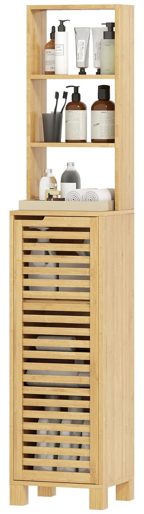 HOMCOM Dulap înalt pentru baie din bambus Coloană îngustă cu 3 polițe deschise Ușă cu lamele Rafturi reglabile 34x30x170 cm Natural | Aosom Romania