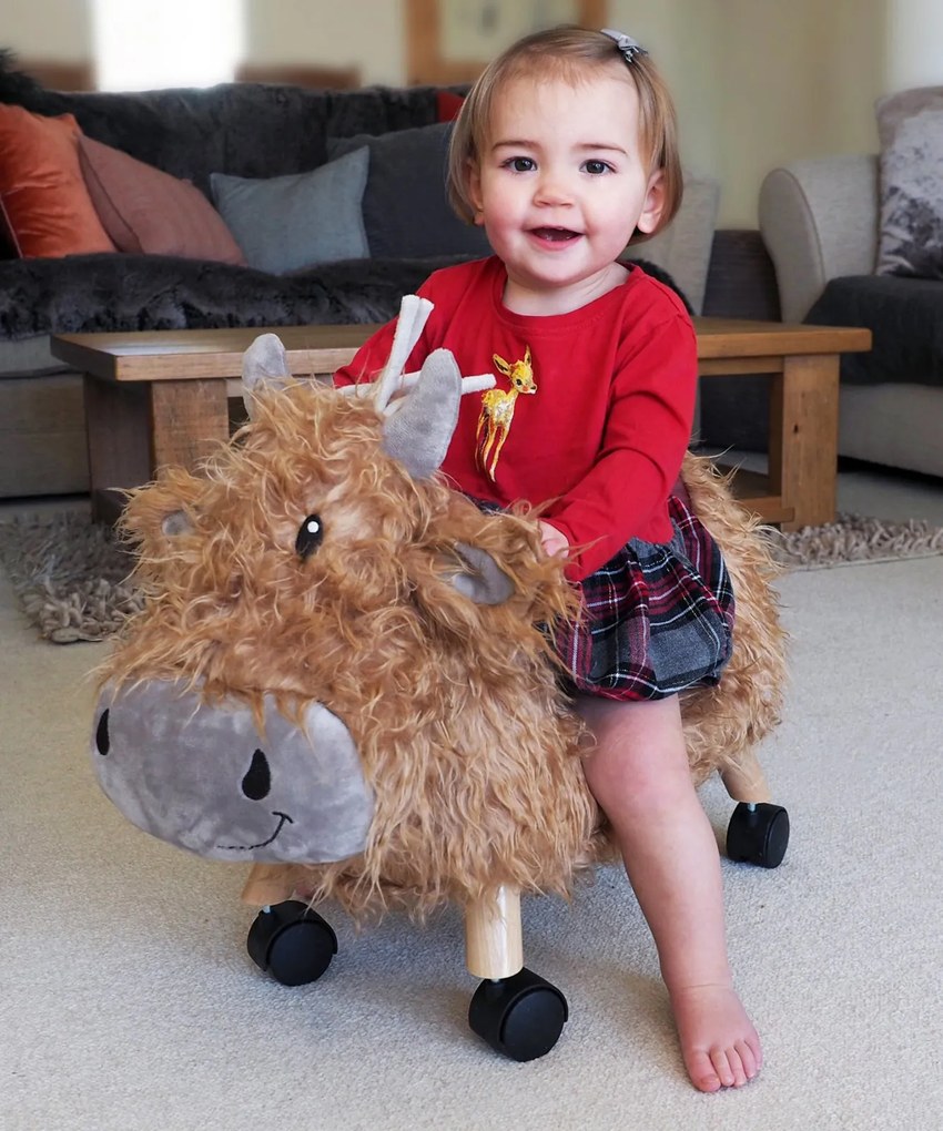 Little Bird Told Me - Vacuta Hubert Highland, Ride On Animal Toy, pentru copii de peste 1 an, Cadru robust din lemn, Scaun captusit