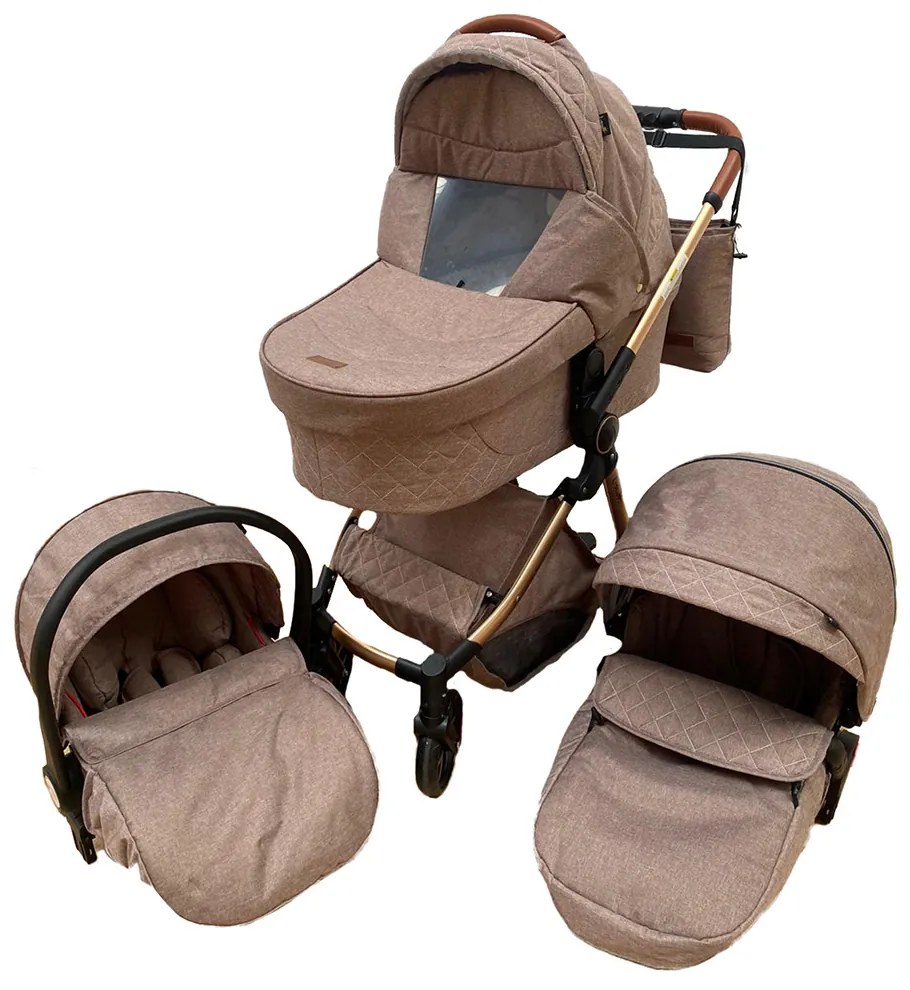 Carucior 3 in 1 cu landou, scoica si geanta, 0-36 luni, Crem - CPC-11-crem