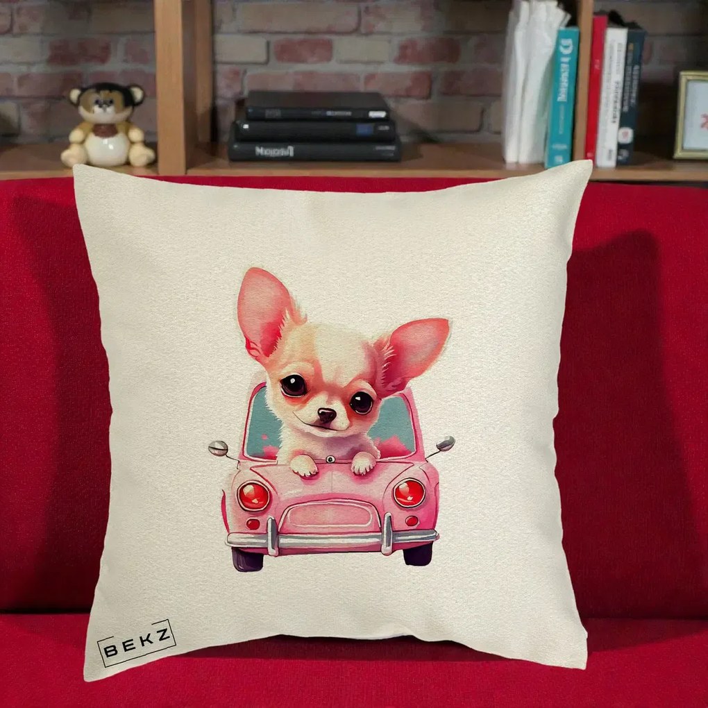 Perna Decorativa Chihuahua Roz in Masinuta, 40x40 cm, Ecru, Husa Detasabila, Perna Inclusa, BEKZ®