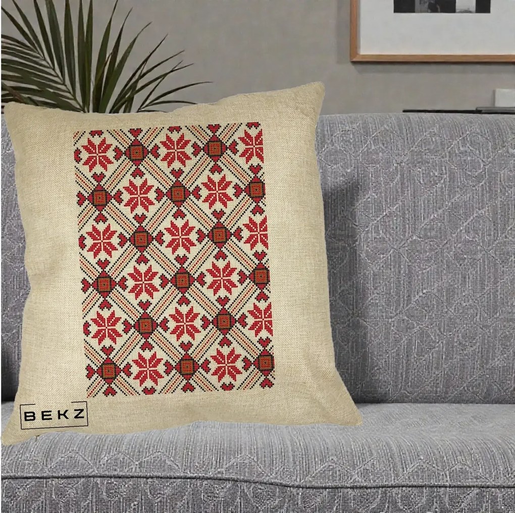 Perna Personalizata Motiv Traditional Ie Romaneasca Rosu, 40x40 cm, Crem, Husa Detasabila, Perna Inclusa, BEKZ®