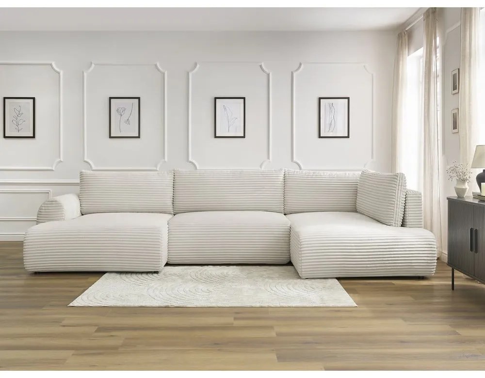 Colțar crem extensibil/cu spațiu de depozitare cu tapițerie din catifea reiată (cu colț pe partea dreaptă/în formă de "U") Lucien – Bobochic Paris