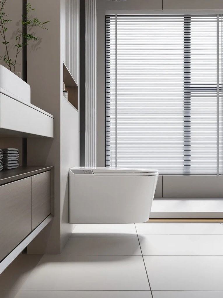Smart WC 301 – Vas de Toaletă Inteligent cu Bideu, Sterilizare UV, Deschidere/Închidere automată, Senzor picior, Control inteligent al Temperaturii, Uscare aer cald, Iluminare de noapte, Afișaj LED, Telecomandă, Ceramică, Alb