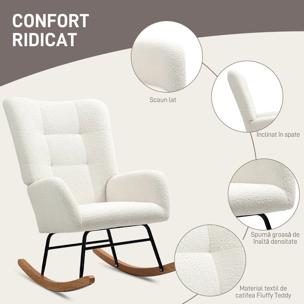 HOMCOM Balansoar, Fotoliu din Catifea Teddy, Scaun Relax cu Picioare din Lemn, Balansoar pentru Dormitor și Living, Alb Crem | Aosom Romania