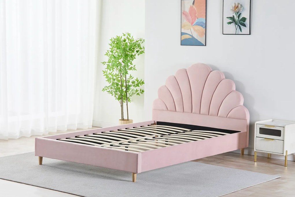 Pat Tapitat Catifea Roz 140x200 cm cu Somiera si Saltea Inclusa ,   Cod LB-50   Design Elegant si Confort Maxim
