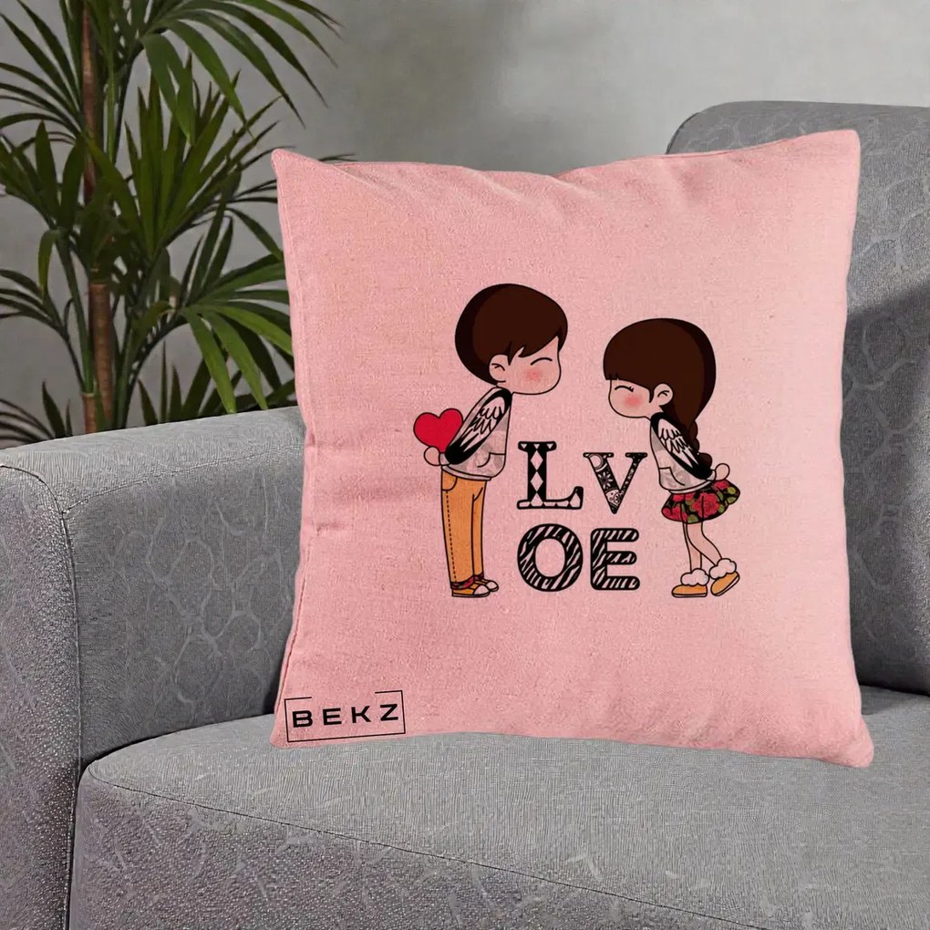 Cadou Romantic - Perna Personalizata Cuplu Kawaii LOVE, 40x40 cm, Roz, Husa Detasabila, Perna Inclusa, BEKZ®