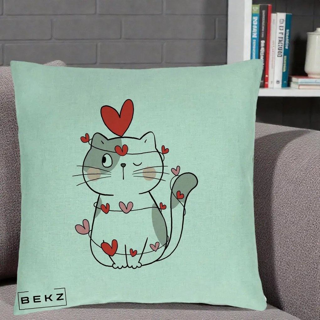 Perna Decorativa Pisica Kawaii cu Inimi, 40x40 cm, Verde Menta, Husa Detasabila, Perna Inclusa, BEKZ®