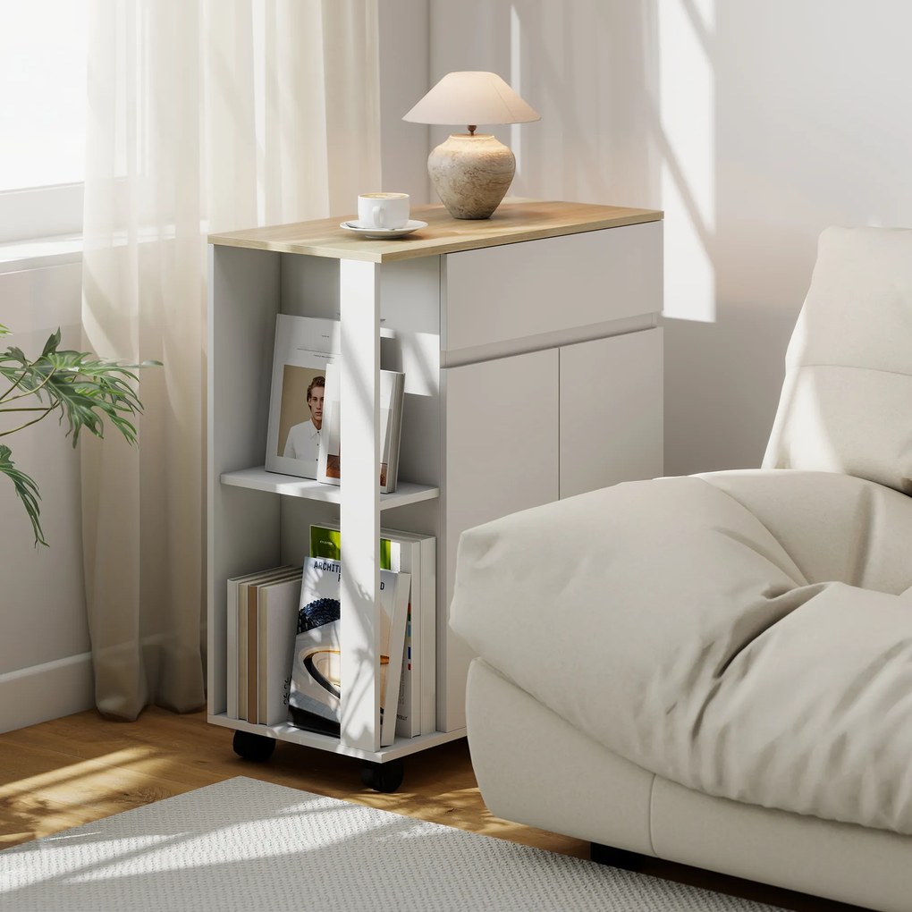 HOMCOM Cărucior Bucătărie, Insulă Bucătărie cu Sertar, Dulap, 2 Rafturi Laterale și Rafturi Reglabile, Cărucior Multifuncțional din Lemn, 78x39,5x88,5 cm, Alb și Stejar | Aosom Romania