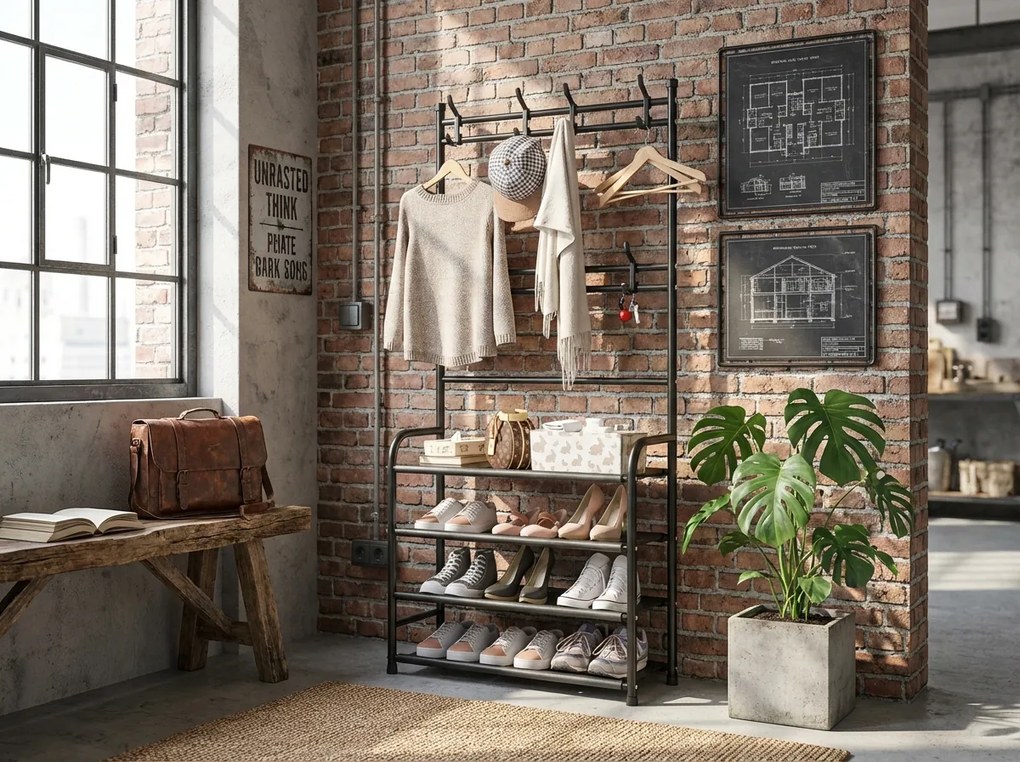 Cuier cu suport pentru pantofi CLOTHORY 80x152 cm, negru