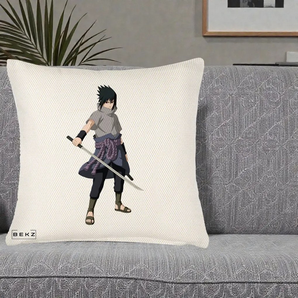 Perna Personalizata Naruto Sasuke Uchiha cu Sabia, 40x40 cm, Crem Reliefat, Husa Detasabila, Perna Inclusa, BEKZ®