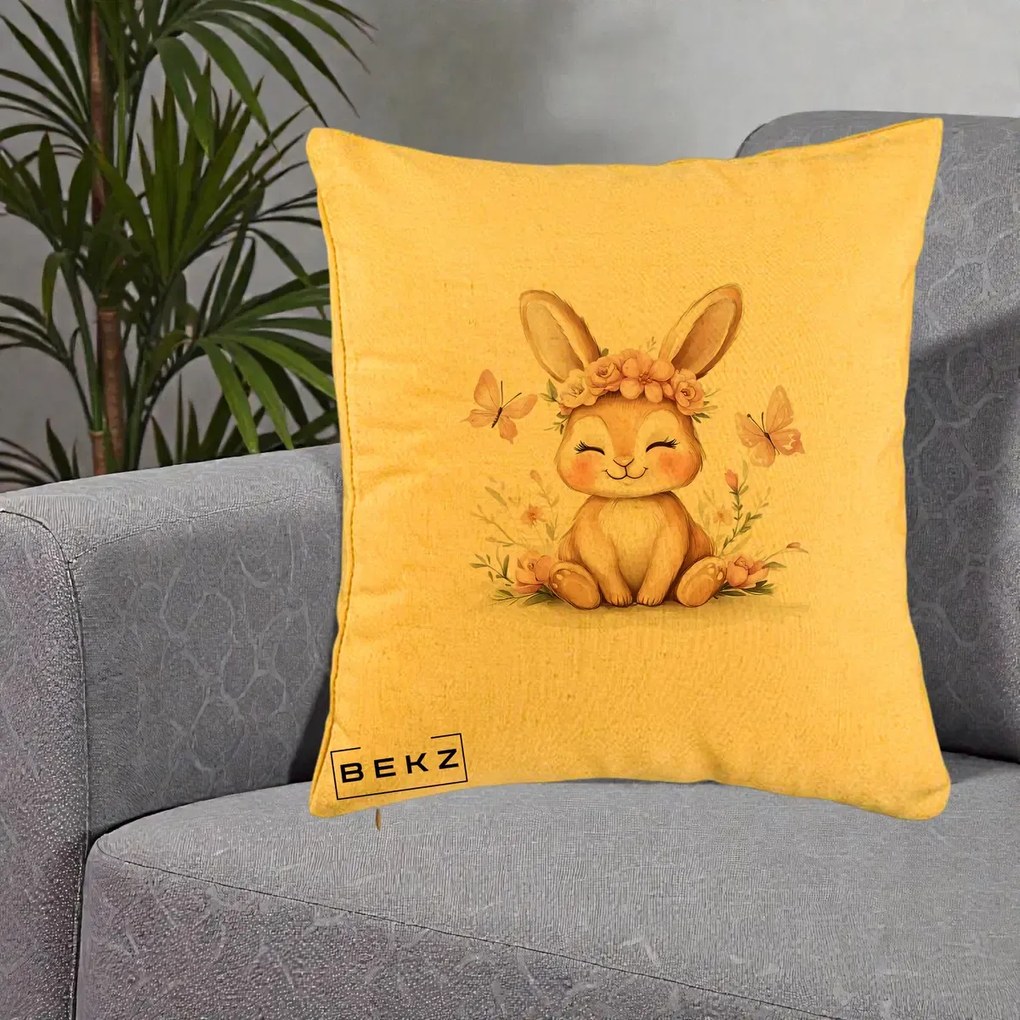 Perna Decorativa Iepuras cu Coronita Florala Roz, 40x40 cm, Galben, Husa Detasabila, Perna Inclusa, BEKZ®
